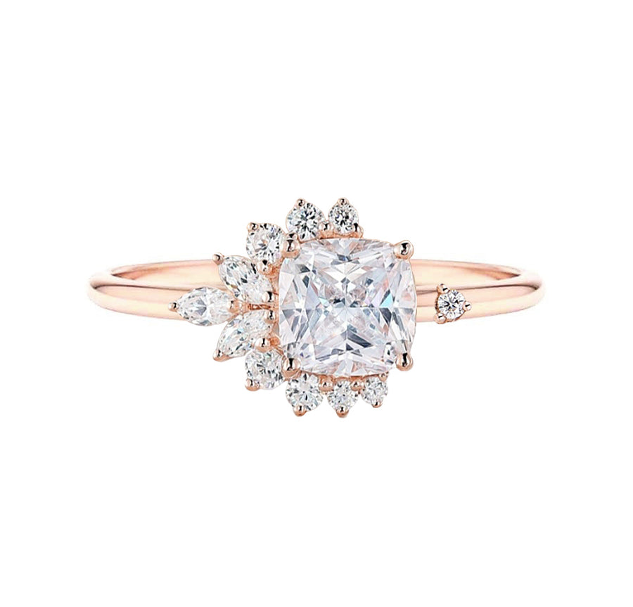 Floral Cluster Cushion Cut Lab Grown Diamond Engagement Ring in 18K Gold