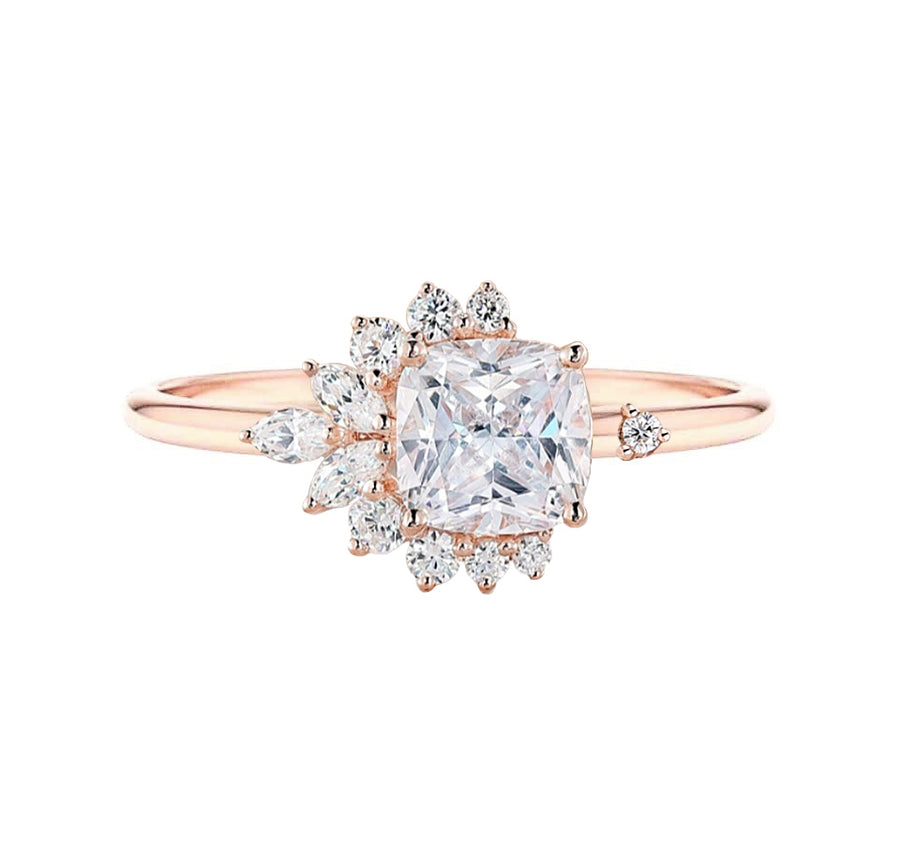 Floral Cluster Cushion Cut Natural Diamond Engagement Ring in 18K Gold