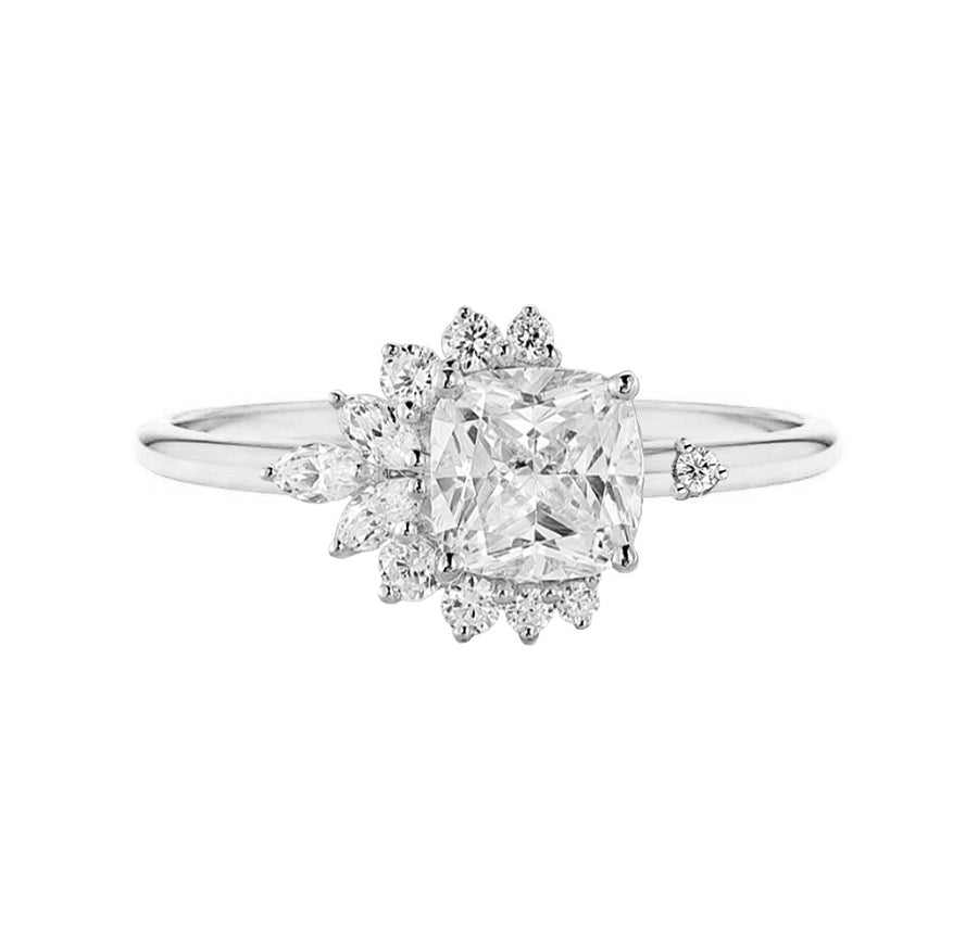 Floral Cluster Cushion Cut Lab Grown Diamond Engagement Ring in 18K Gold