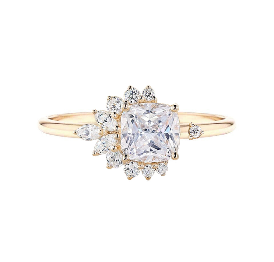 Floral Cluster Cushion Cut Natural Diamond Engagement Ring in 18K Gold