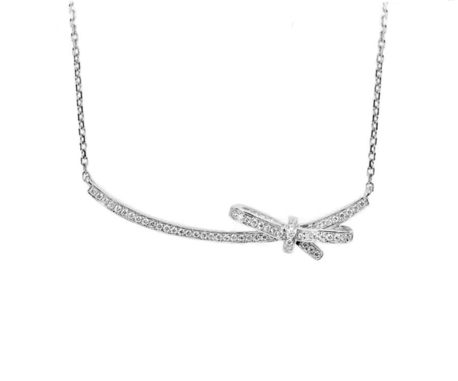 White gold diamond bow bar necklace