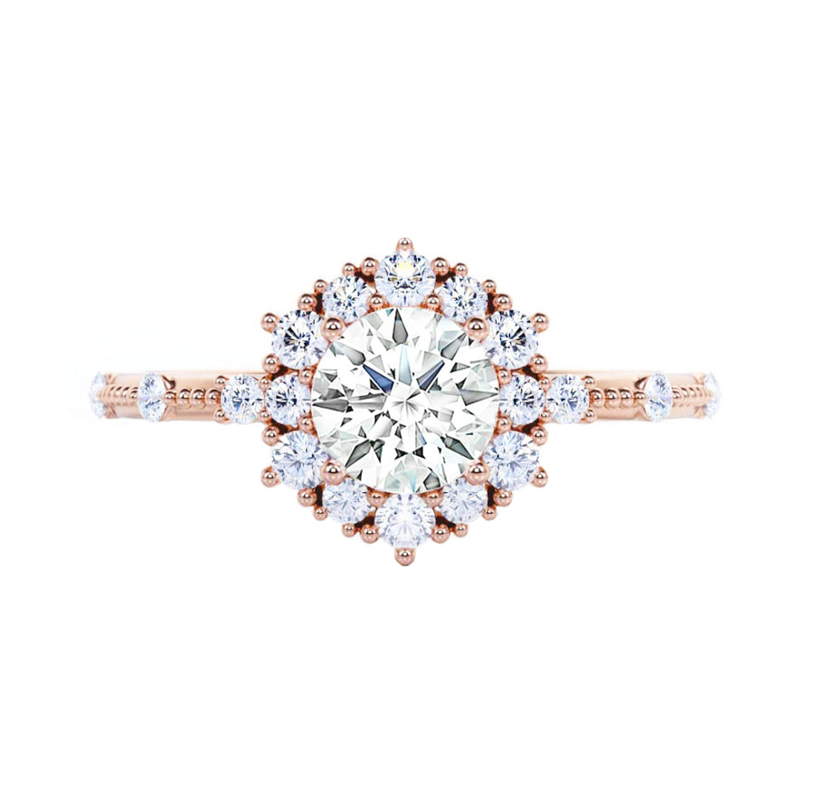 Floral Halo Round Diamond Engagement Ring in 18K Gold - GEMNOMADS