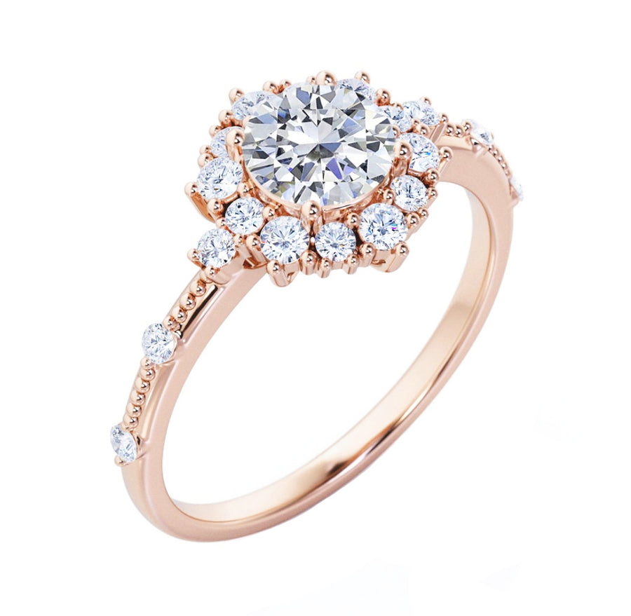 Floral Halo Round Diamond Engagement Ring in 18K Gold - GEMNOMADS