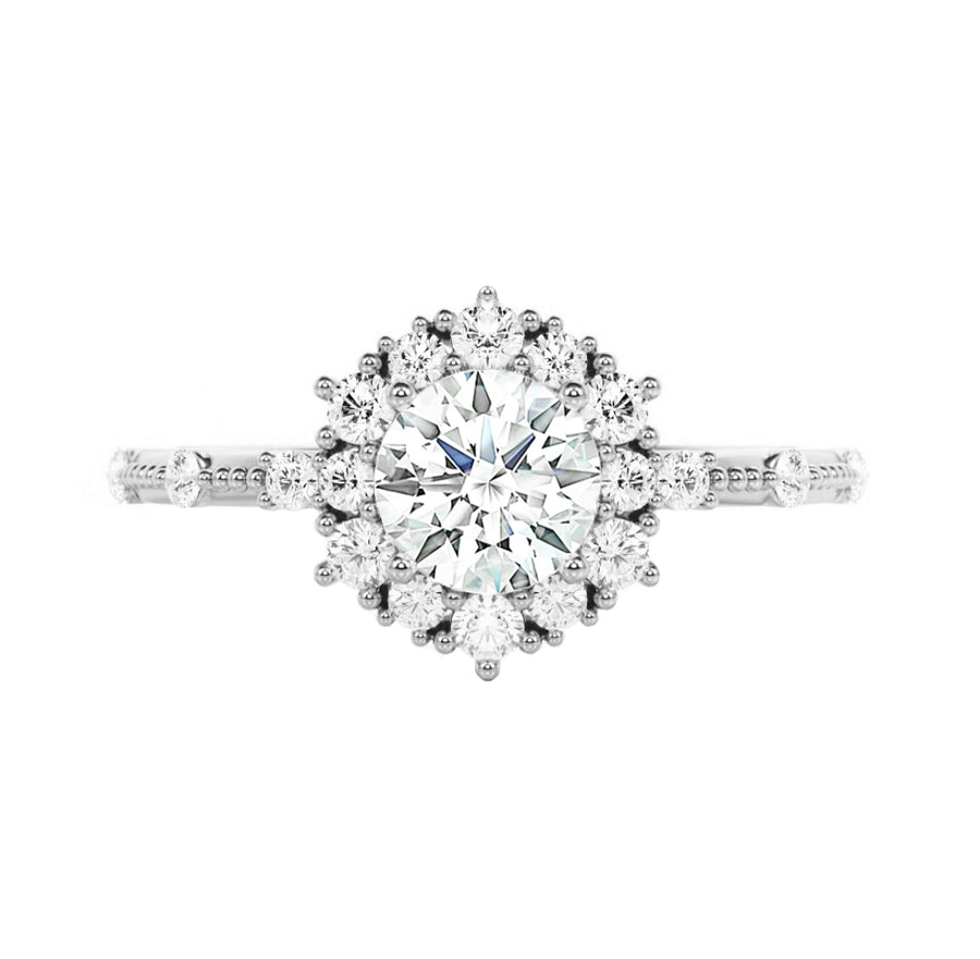 Floral Halo Round Diamond Engagement Ring in 18K Gold - GEMNOMADS