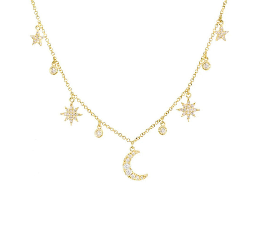 Diamond Moon and Star Necklace in 14K Gold