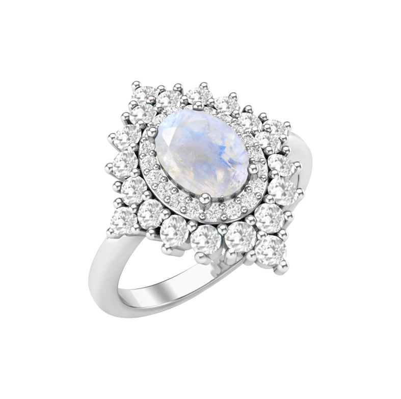 Vintage moonstone diamond engagement ring in white gold