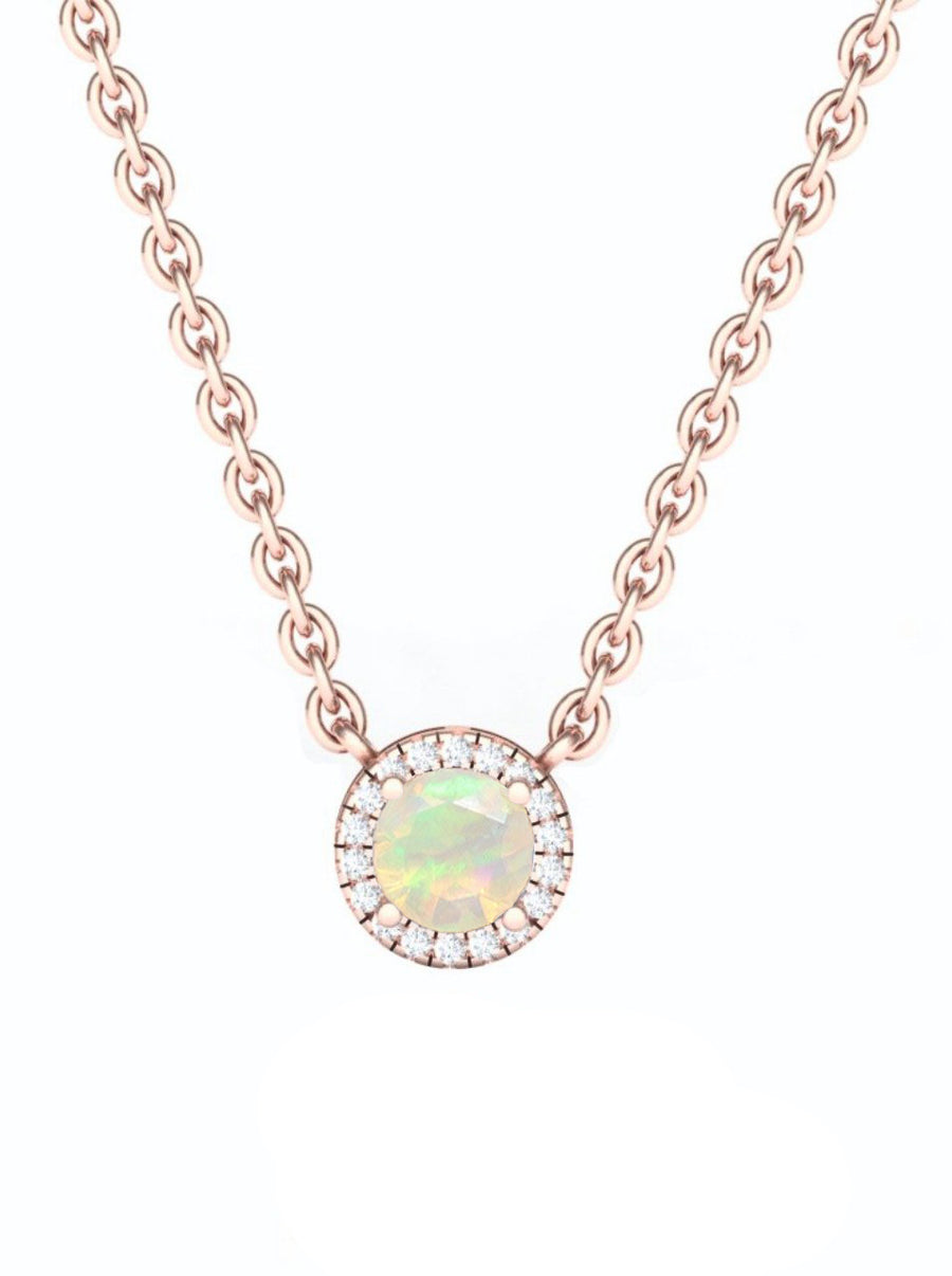 Opal Diamond Halo Necklace in 14K Gold
