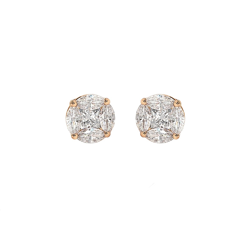 Certified Illusion Round Diamond Stud Earrings in 14K Gold