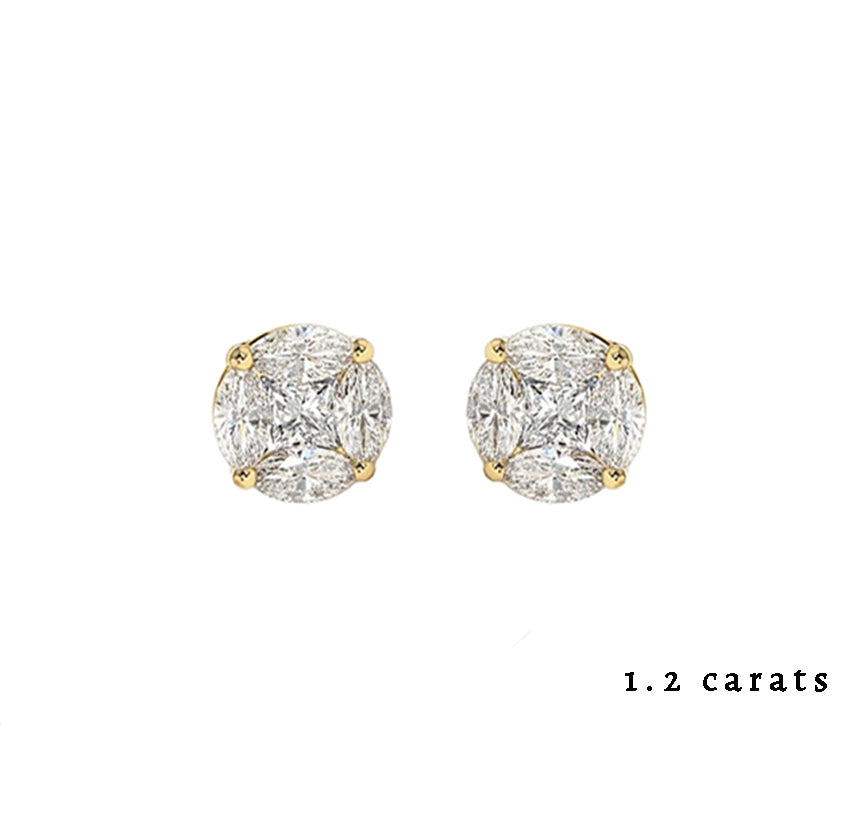 Certified Illusion Round Diamond Stud Earrings in 14K Gold