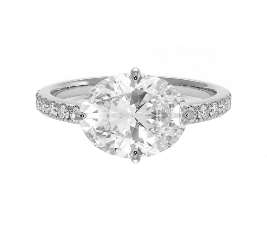 East West 2 Carat Lab Grown Oval Diamond Engagement Ring in 18K Gold
