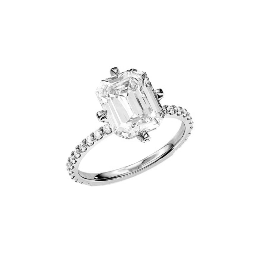 Compass Set Emerald Cut Diamond Engagement Ring in 18K White Gold - GEMNOMADS