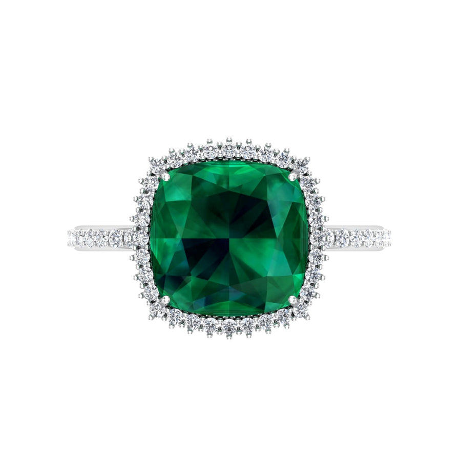 Cushion Cut Natural Emerald Gemstone Diamond Engagement Ring in 14K Gold