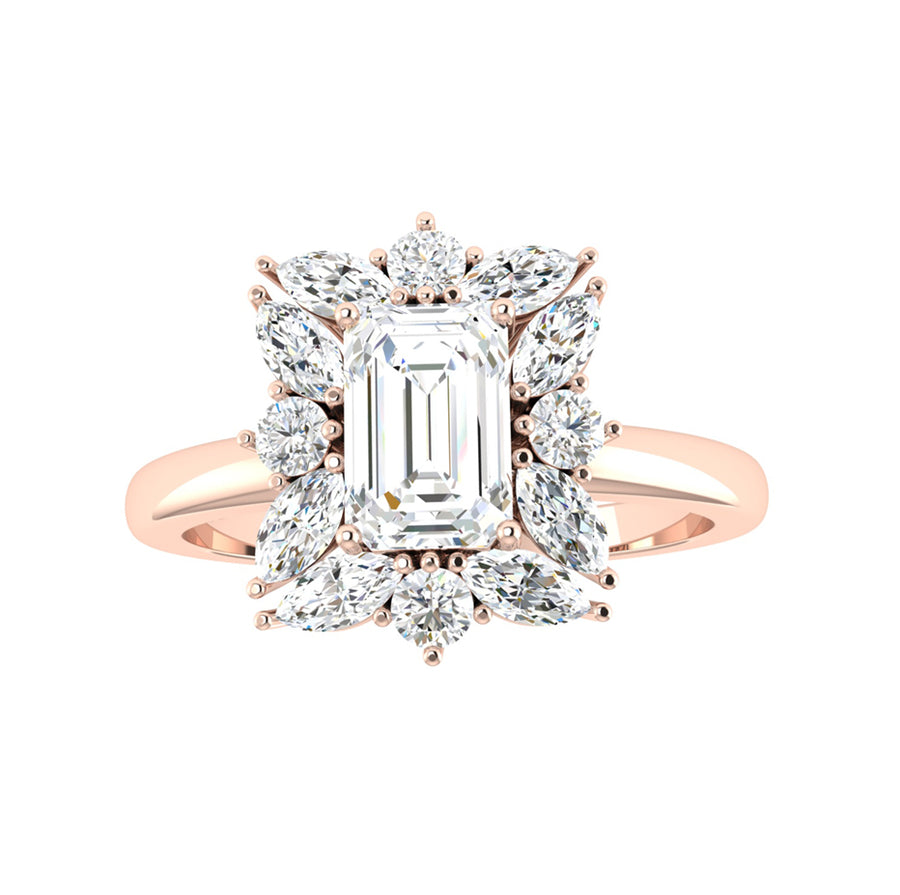 Floral Halo Emerald Cut Lab Diamond Engagement Ring in 18K Gold