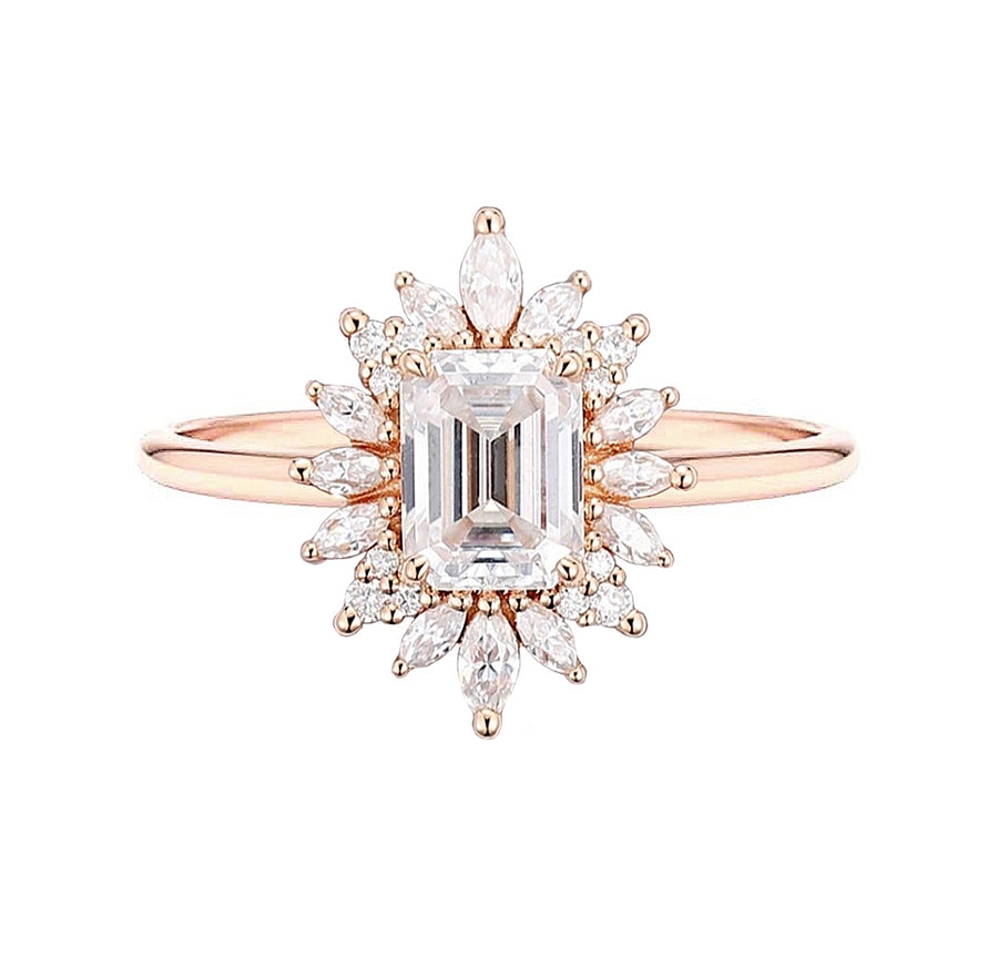 Rihana Art Deco Emerald Natural Diamond Engagement Ring in 18K Gold