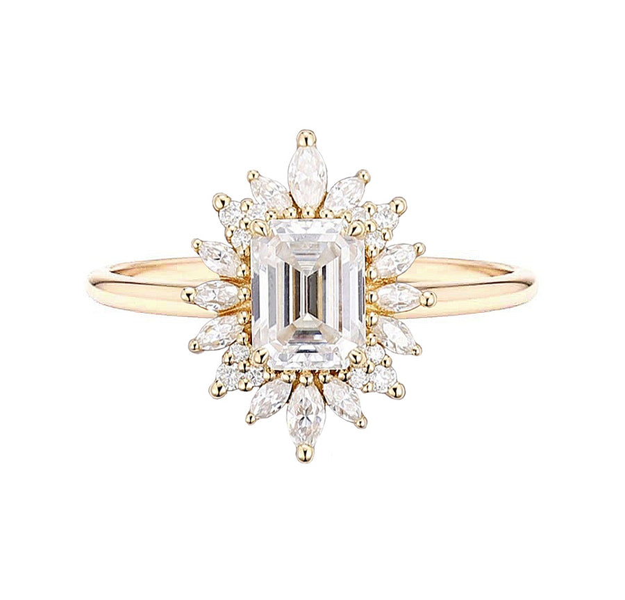 Rihana Art Deco Emerald Natural Diamond Engagement Ring in 18K Gold