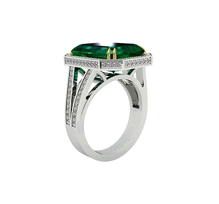 Emerald diamond ring in white gold side view