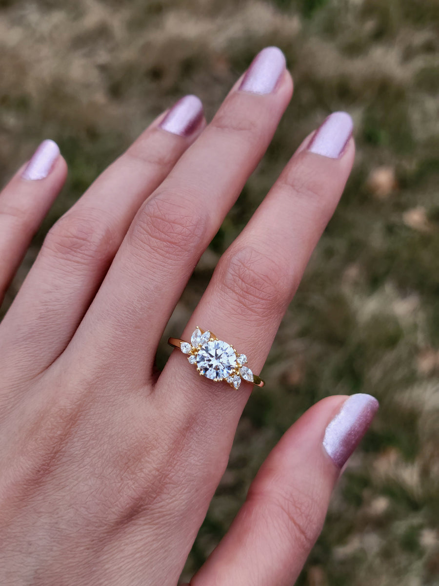 Floral Cluster Lab Created Round Diamond Engagement Ring in 18K Gold