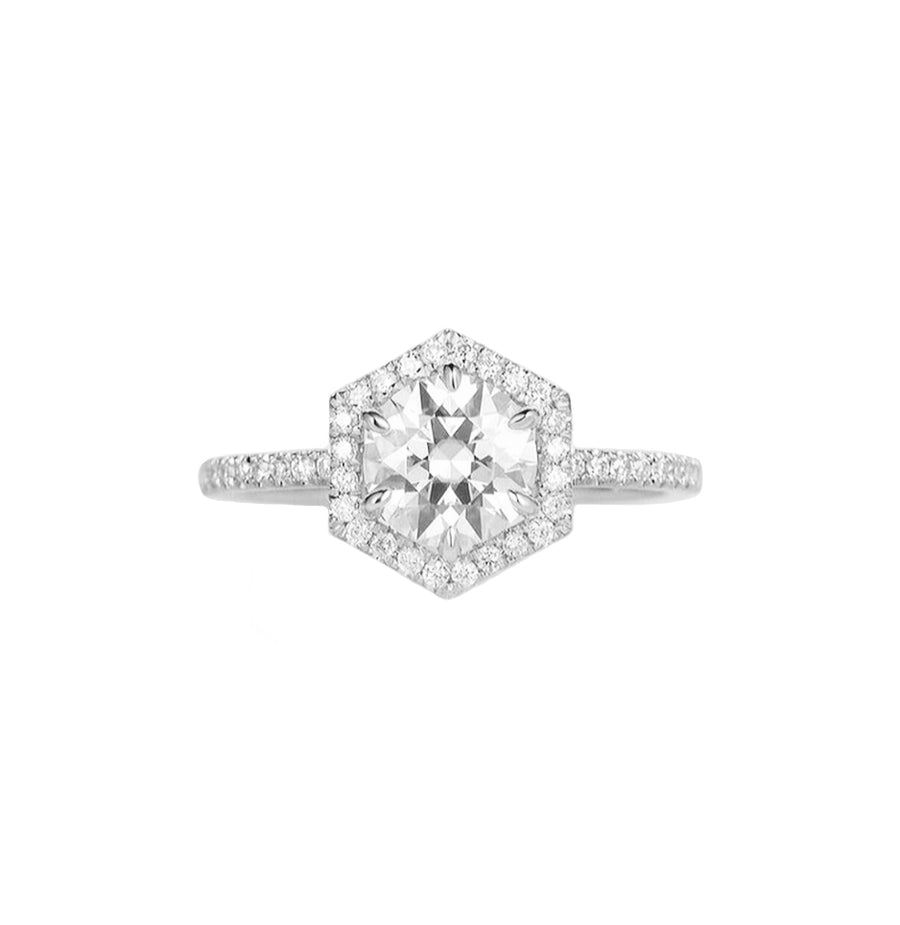 Hexagonal Halo Natural Diamond Engagement Ring in 14K White Gold