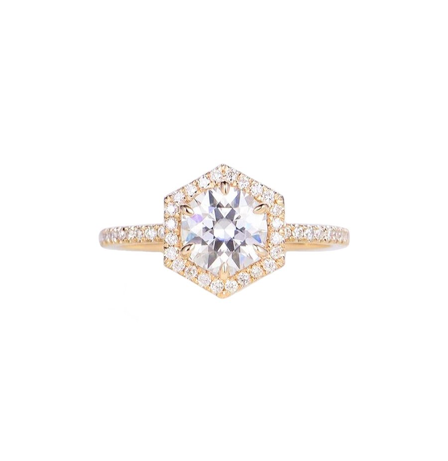 Yellow gold diamond hexagonal engagement ring