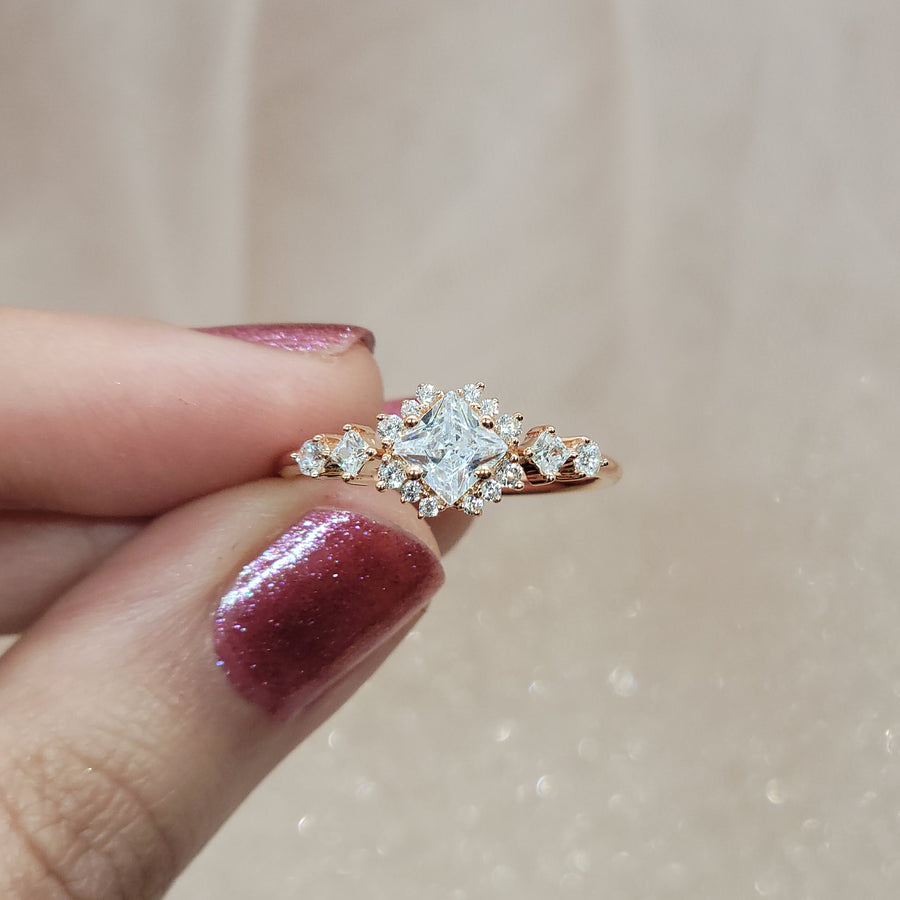 0.50 Carat Cluster Princess Cut Natural Diamond Engagement Ring in 18K Gold