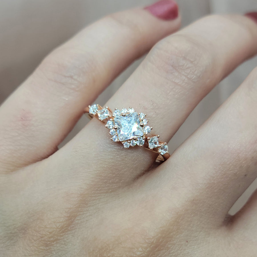 0.50 Carat Cluster Princess Cut Natural Diamond Engagement Ring in 18K Gold