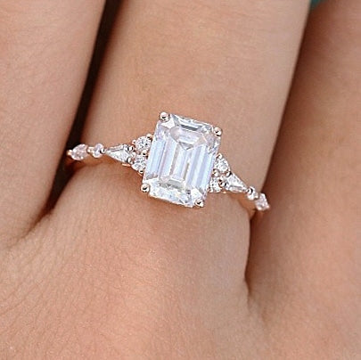 Vintage Art Deco Emerald Lab Grown Diamond Engagement Ring in 18K Gold