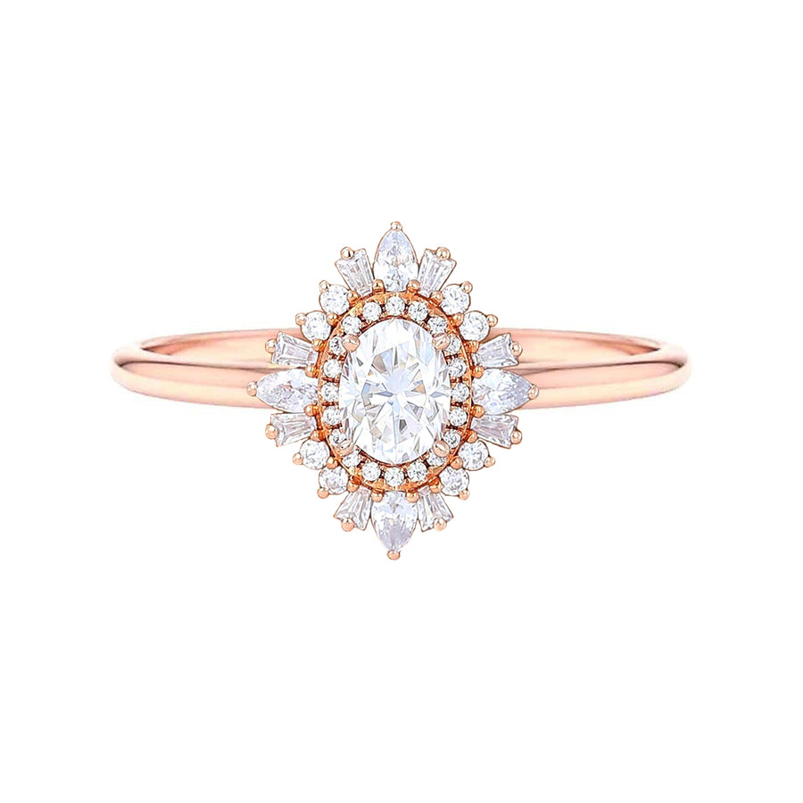 Mixed Shapes Floral Oval Diamond Engagement Ring in 14K Gold