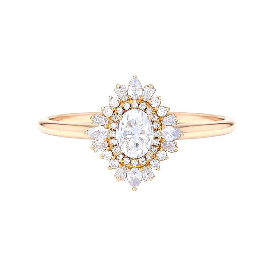 Mixed Shapes Floral Oval Diamond Engagement Ring in 14K Gold