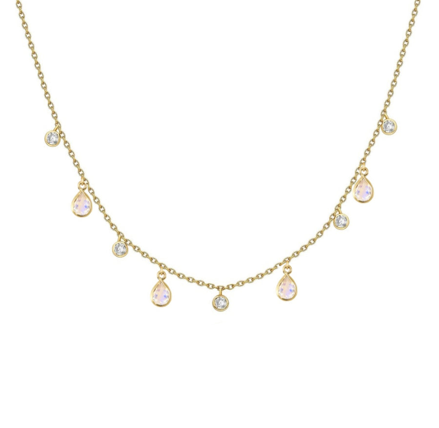 Moonstone and Diamond Drop Necklace n 14K Gold