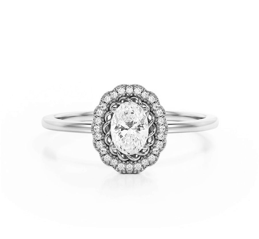 Milgrain Art Deco Oval Lab Grown Diamond Engagement Ring in 18K Gold