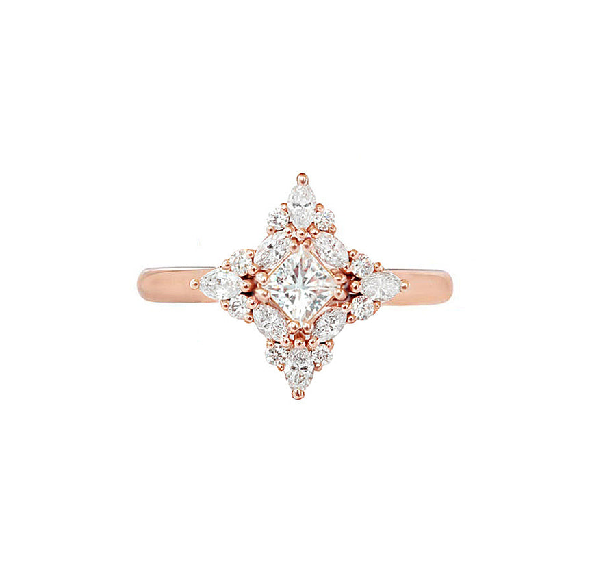 Princess Cut Art Deco Diamond Engagement Ring in 14K Gold