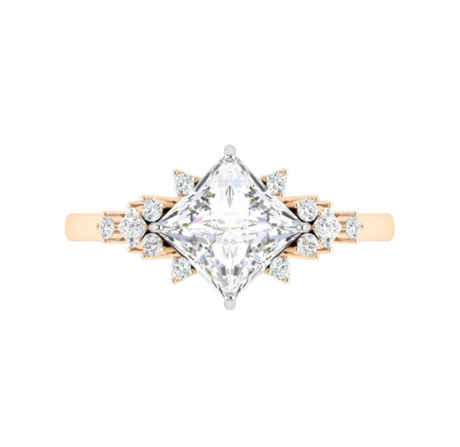 Vintage Cluster 2 Carat Princess Lab Grown Diamond Engagement Ring in 18K Gold