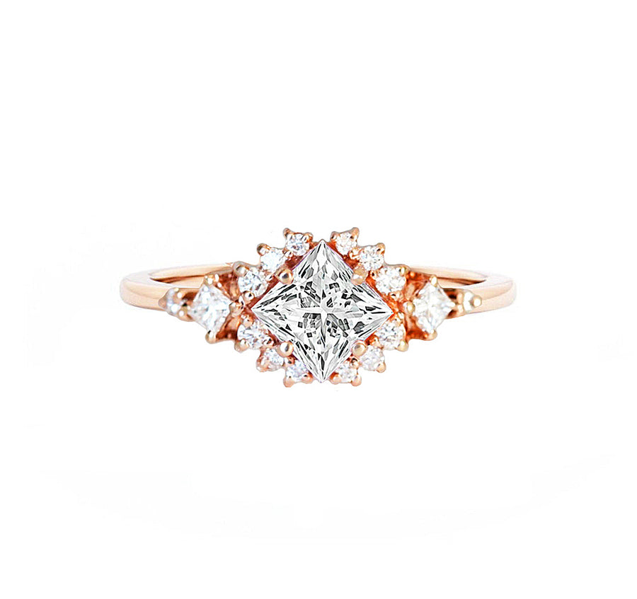 0.40 Carat Cluster Princess Cut Natural Diamond Engagement Ring in 18K Gold