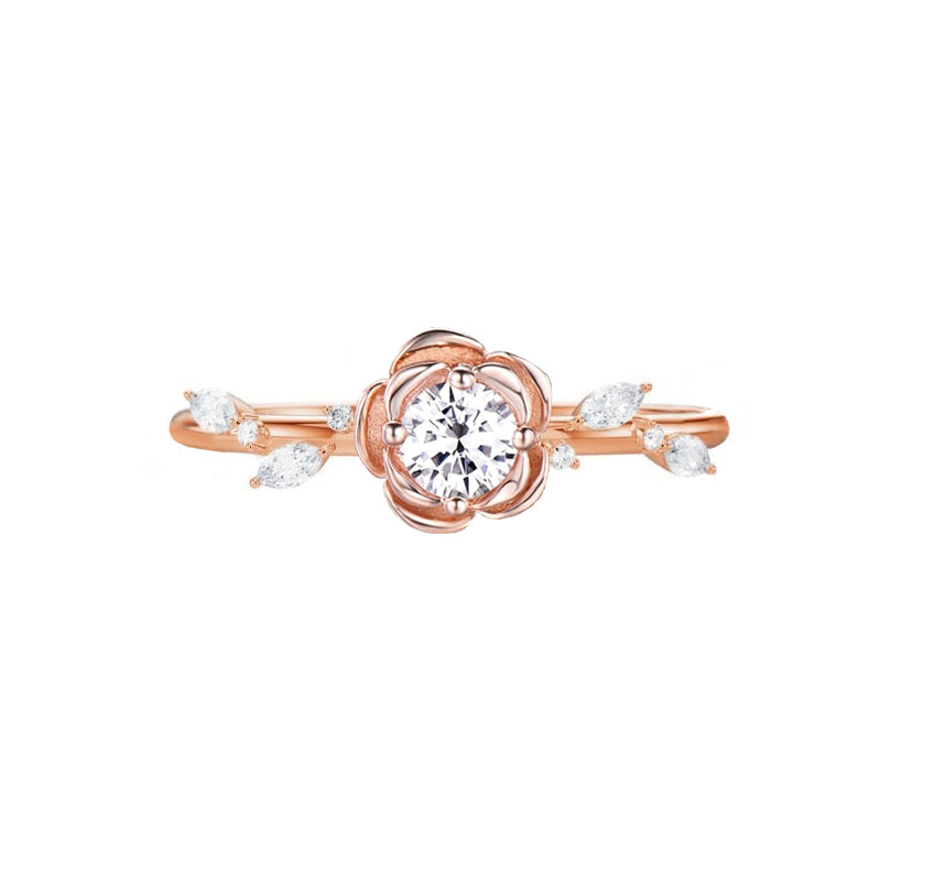 Rose Flower Natural Round Diamond Engagement Ring in 18K Gold