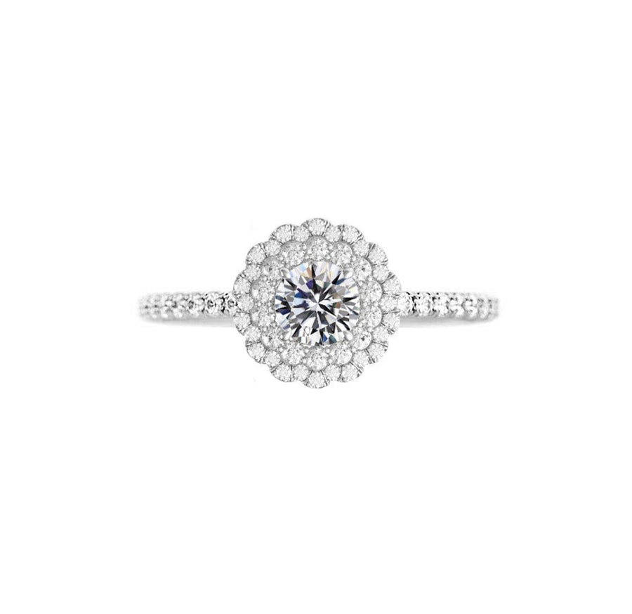 Floral Double Halo Lab Created Round Diamond Engagement Ring in 18K Gold