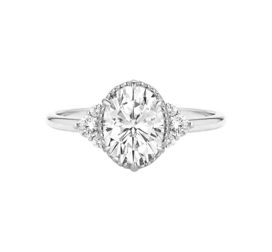 Milgrain Art deco oval diamond engagement ring in white gold