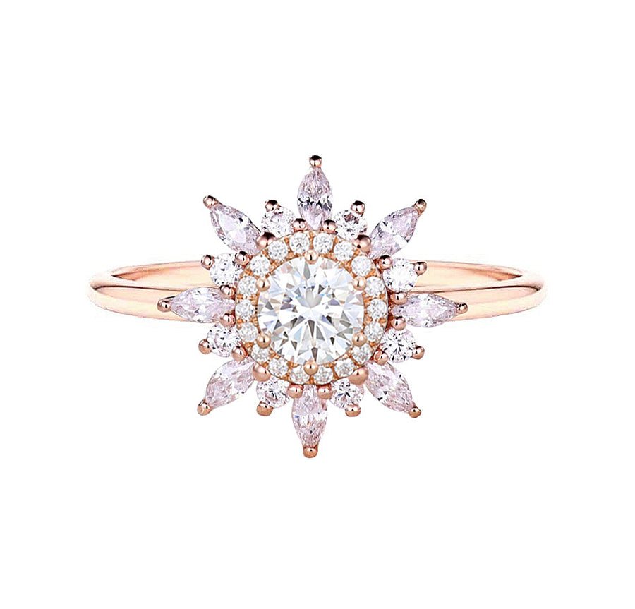 Sunburst Art Deco Natural Diamond Engagement Ring in 18K Gold