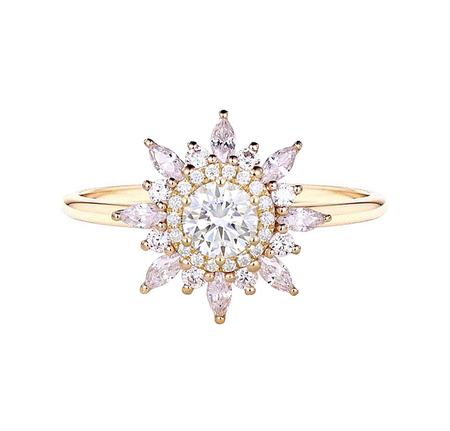 Sunburst Art Deco Lab Grown Diamond Engagement Ring in 18K Gold