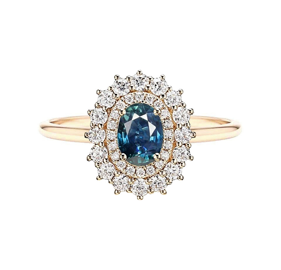 Teal Blue Sapphire Diamond Engagement Ring in 14K Gold