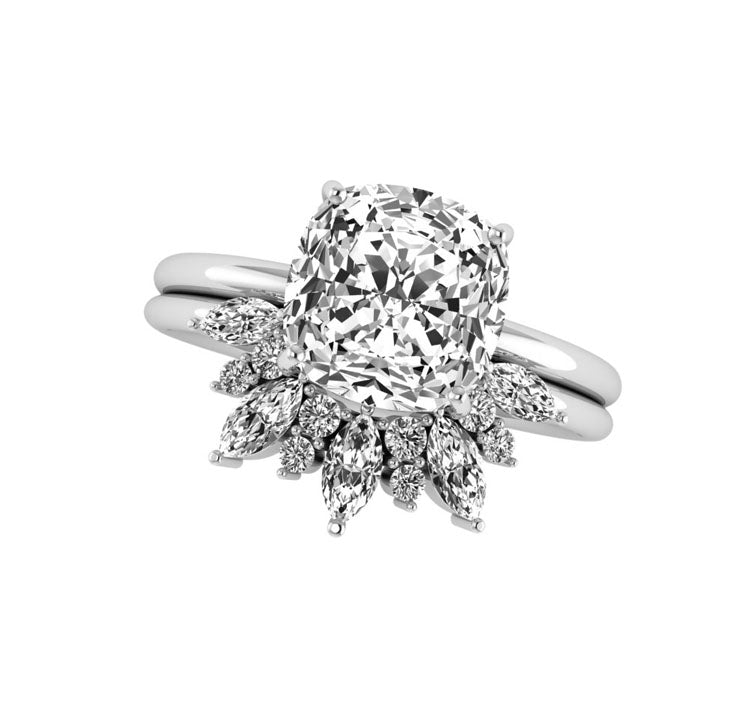 Cushion Cut 2 Carat Lab Grown Diamond Tiara Wedding Ring Set in 18K Gold