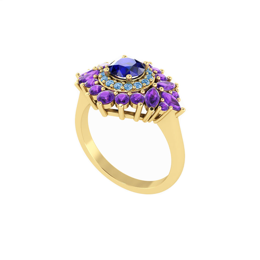 Blue Sapphire Amethyst and Blue Diamond Engagement Ring in 14K Gold