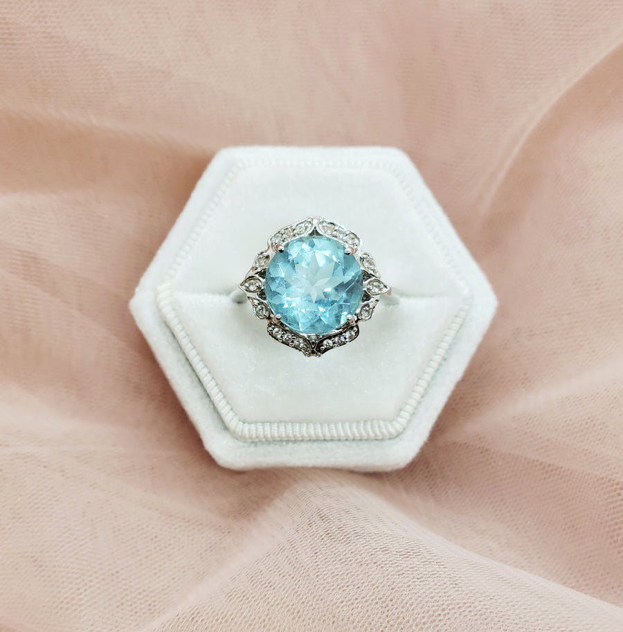 Swiss Blue Topaz and Diamond Engagement Ring in 14K White Gold