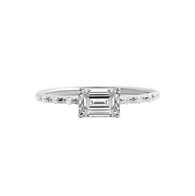 East West Emerald Cut Diamond Engagement Ring in 18K Gold