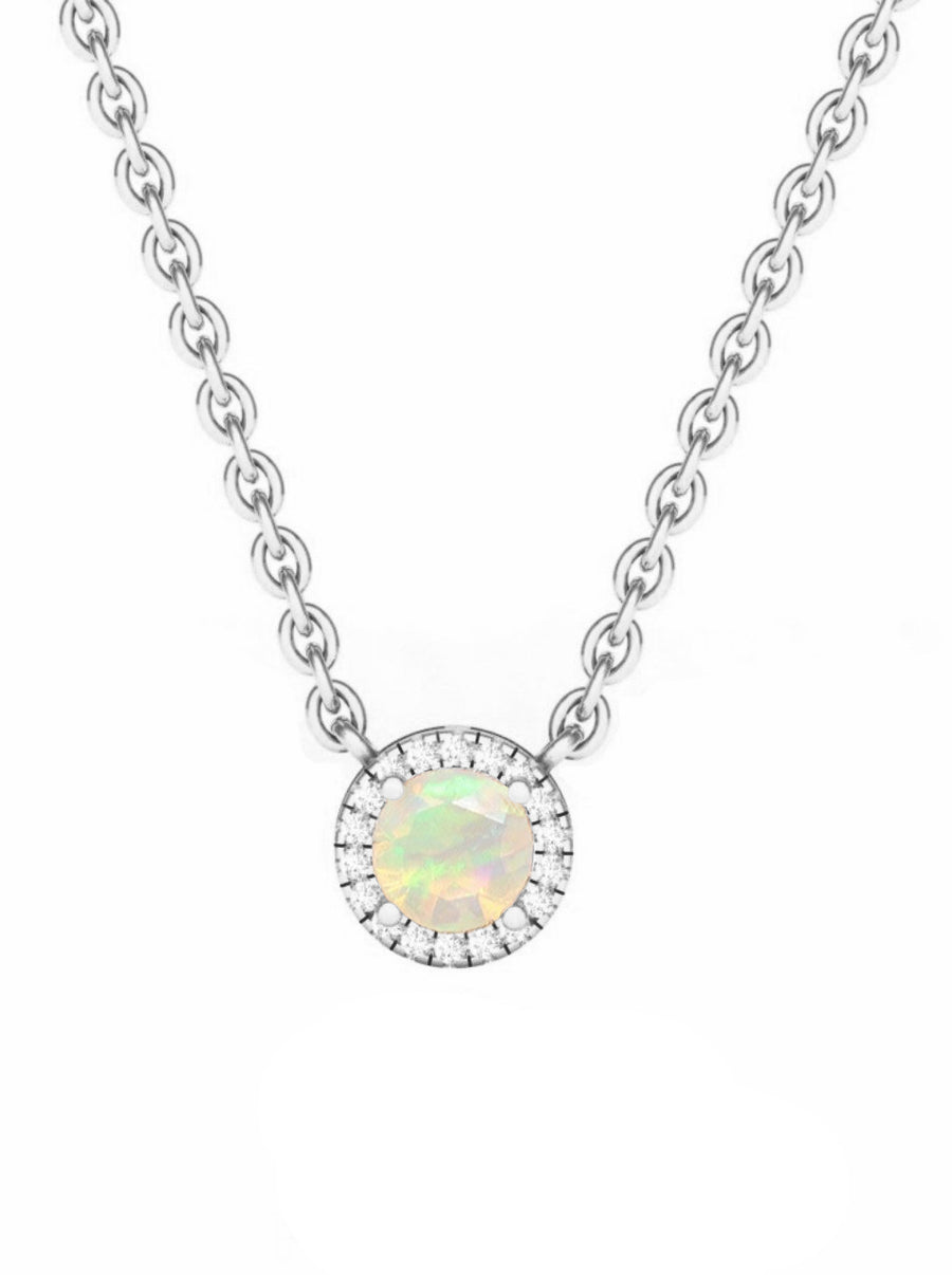 Opal Diamond Halo Necklace in 14K Gold - GEMNOMADS
