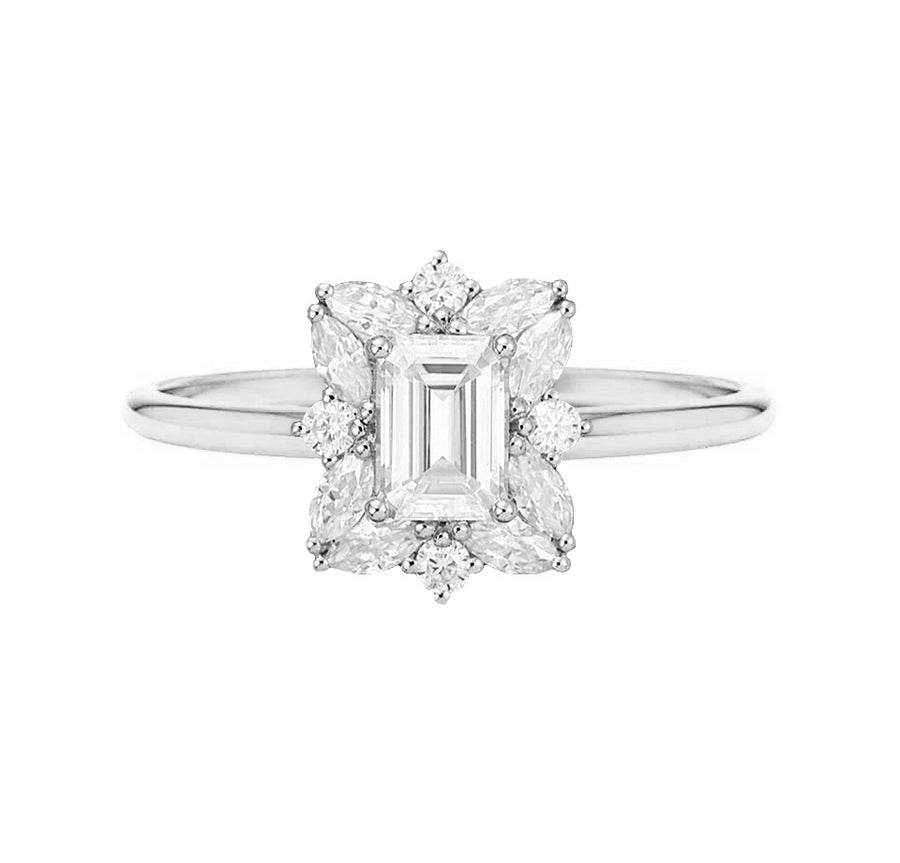 Floral Halo Natural Emerald Cut Diamond Engagement Ring in 18K Gold - GEMNOMADS