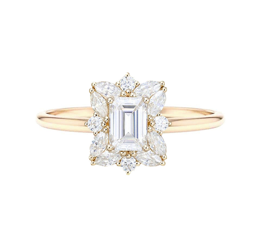 Floral Halo Natural Emerald Cut Diamond Engagement Ring in 18K Gold - GEMNOMADS