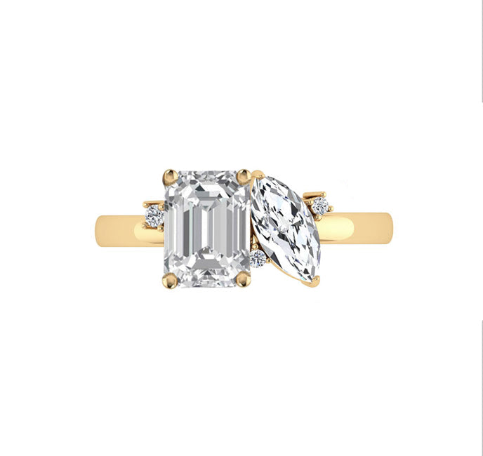 Toi Et Moi Emerald Marquise Lab Created Diamond Engagement Ring in 18K Gold
