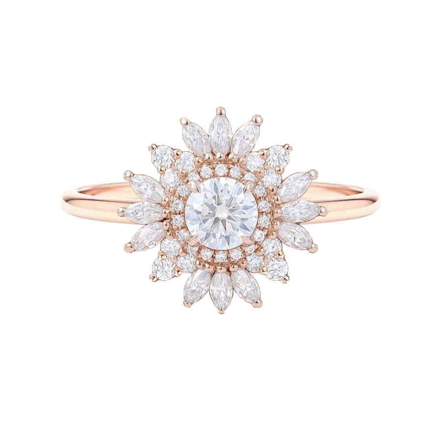 Art Deco Sunflower Round Halo Natural Diamond Engagement Ring in 18K Gold