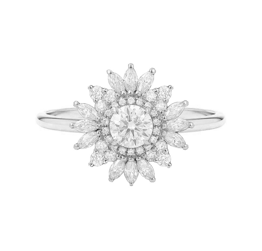 Art Deco Sunflower Round Halo Natural Diamond Engagement Ring in 18K Gold