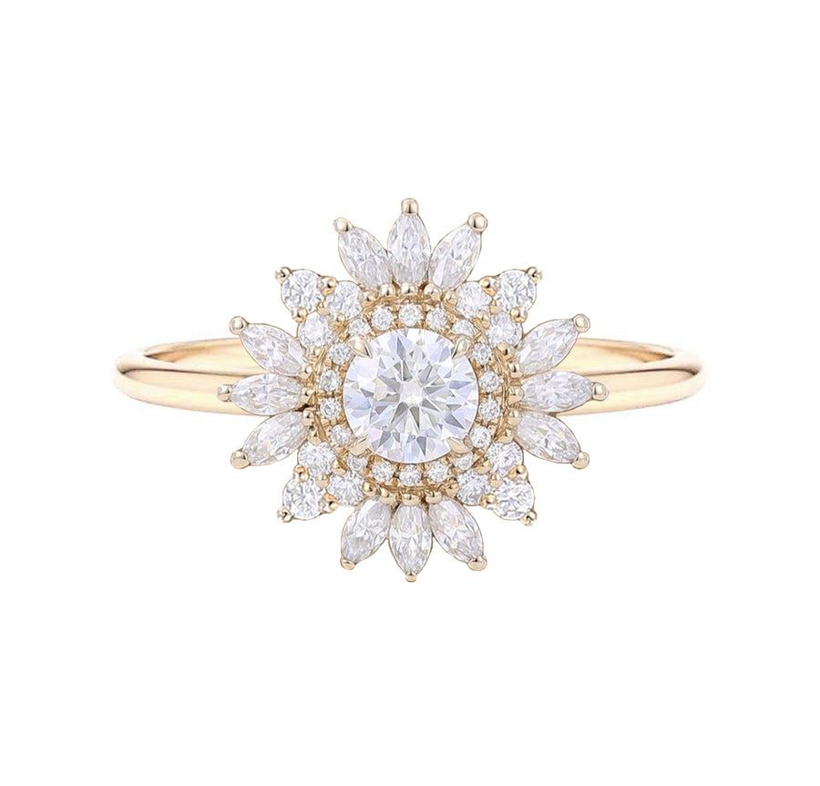 Art Deco Sunflower Round Halo Lab Grown Diamond Engagement Ring in 18K Gold